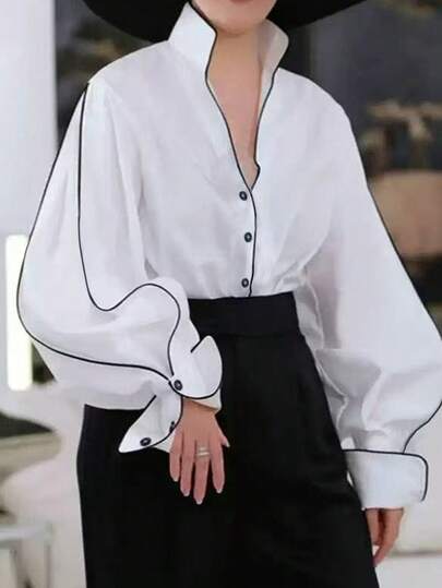 Airaco Blusa holgada de mujer con cuello alto, mangas farol y ribete de contraste, elegante y casual