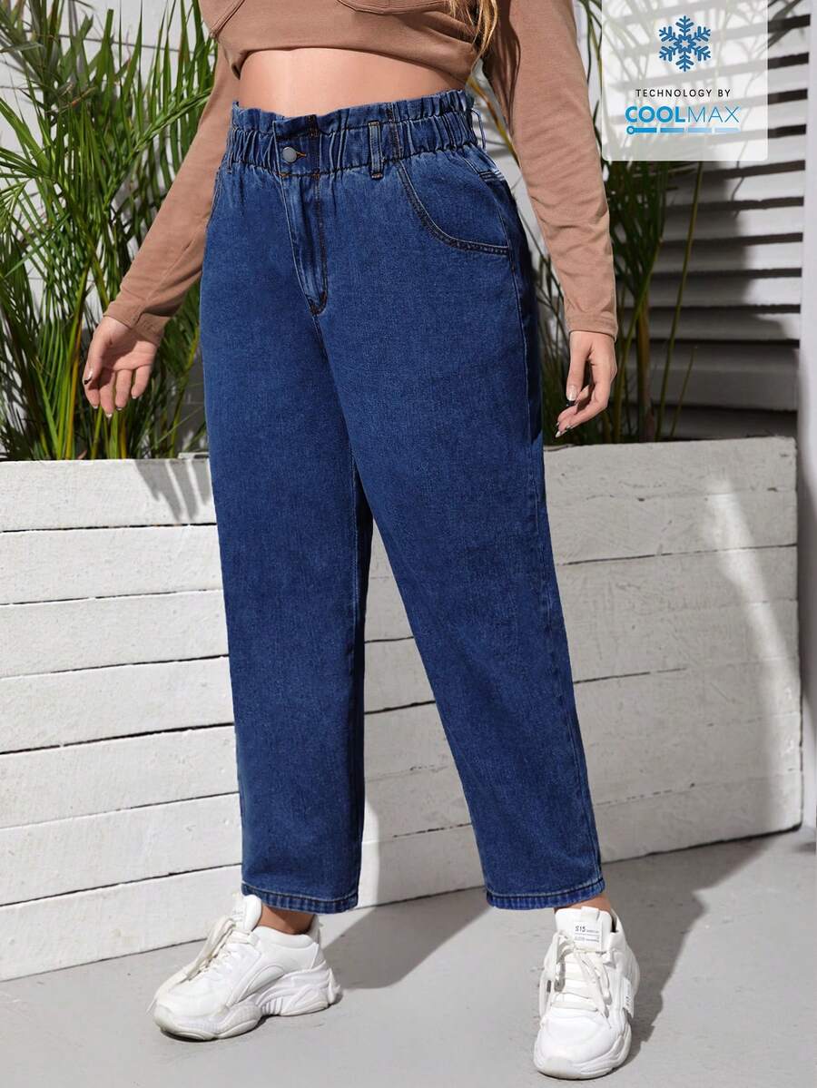 EMERY ROSE Quần jeans nữ cỡ lớn dáng suông, có cúc cài ở eo và túi, thiết kế thoải mái. - Màu xanh lam - Xem 1