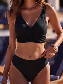 SHEIN Swim 夏季海滩女士交叉带后系带分体比基尼套装 - 黑色 - 查看 3