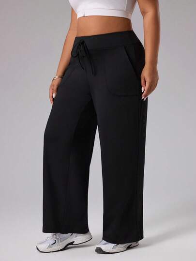 Rhythm Era Plus Size Women Casual Solid Color Twist Waist Loose Wide Leg Sports Pants, Versatile For Daily Commute