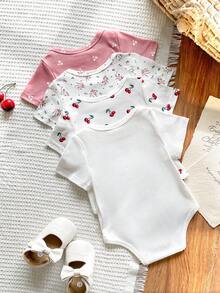 SHEIN Vintaside Kids 4pcs/Set Newborn Baby Boys' Casual Short Sleeve Rompers, Comfortable & Minimalist, Summer - Multicolor - View 2