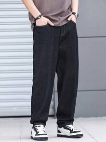Manfinity Hypemode Stylish Men's Dark Wash Tapered Denim Jeans Casual Plain Zipper Long Pants - Dark Wash - View 3
