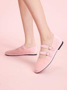 CUCCOO DOLLMOD 女士经典浅粉色双条纹丝绒平底鞋 - 粉色 - 查看 3