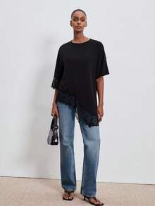 ATUI Studio Áo thun mùa hè mới với họa tiết ren phối vạt bất đối xứng, dáng rộng, tôn dáng, màu đen, tay ngắn, đa năng. - màu đen - Xem 6