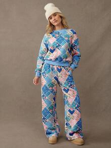 WESTFADE 拼接绗缝圆领长袖宽松卫衣，休闲可爱波西米亚风上衣，适合春季、度假、夏季、春假、音乐节、纳什维尔乡村音乐会、西部牛仔风女装、海滩度假、海滨牛仔风等场合。 - 藍色 - 查看 5