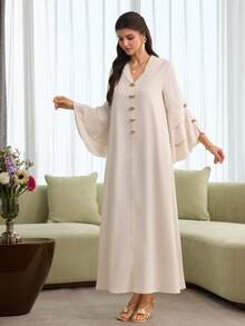 Al Najma Layered Floral Jacquard Hooded Cape With Ruffled Hem And Puff Sleeves, Elegant Robe - Apricot - View 7