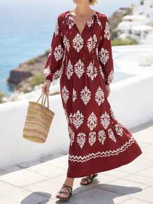 Breezaya Women's Elegant Vacation Dress, Burgundy Color With All-Over Floral Print, V-Neck, Long Sleeve, Waist Cinched, Flared Hem - Burgundy - View 5
