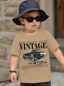 Vintage Racing Car Cartoon Print Casual Crew Neck Short Sleeve Top For Baby Boys, Suitable For Summer - Khaki - View 5