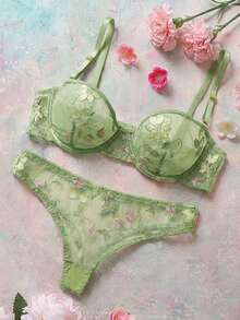 两件套花卉刺绣网纱内衣套装（含钢圈文胸和比基尼内裤） - 薄荷綠 - 查看 6