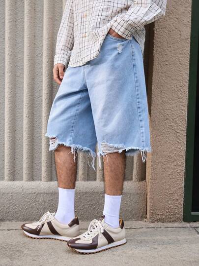 Open Phase 男士破洞牛仔短裤，宽松休闲及膝百慕大短裤，休闲街头风长裤，夏季度假穿搭