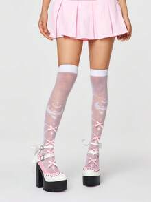 ROMWE Kawaii Giày cao gót đế dày, quai cài ngọc trai, ren thắt nơ gợi cảm dành cho nữ, giày Mary Jane cao gót thời trang xuân/thu, thích hợp cho tiệc tùng, đi chơi, hẹn hò, phong cách Y2K. - Hồng - Xem 2