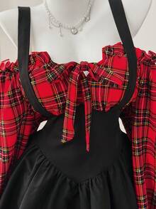 Sweetra Plaid Color Block Suspender Off Shoulder Off-Shoulder Long Sleeve Puff Sleeve Chest Tie Hem A-Line Plus Size Women Dress - Multicolor - View 6