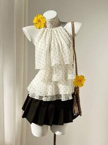 Elamini Women's Summer Vacation Polka Dot Print Ruffle Hem Halter Shirt - Multicolor - View 4