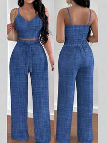 EMERY ROSE Conjunto de duas peças plus size feminino: blusa regata casual para férias e calça pantalona com amarração na cintura. - Azul - Ver 1