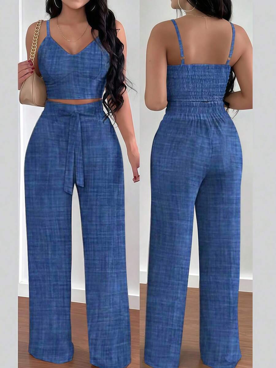 EMERY ROSE Conjunto de duas peças plus size feminino: blusa regata casual para férias e calça pantalona com amarração na cintura. - Azul - Ver 1