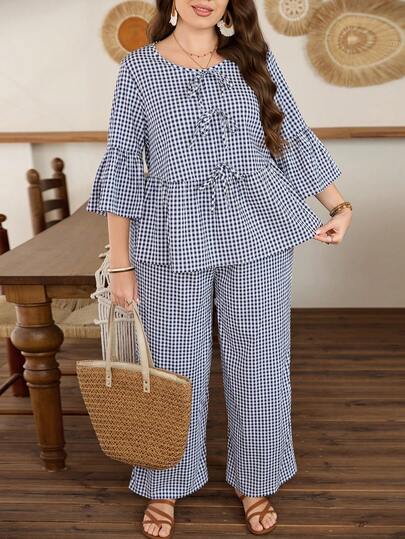 Lacomfia Random Floral Plaid Bow Decor 3/4 Sleeve Elegant Fashionable Blouse Paired With Straight Leg Pants, Slim Fit Sexy Plus Size Women 2 Piece Set