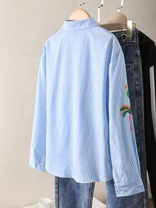 SHEIN Áo sơ mi dài tay cổ đứng in hình nhân vật hoạt hình và chữ cái dành cho bé gái, thích hợp cho đi chơi, đi học và đi làm. - Màu xanh lam - Xem 2