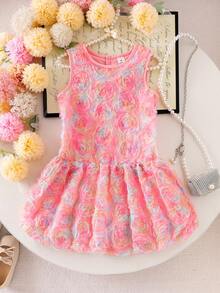 Elladie kids 少女甜美碎花网纱无袖公主裙，高端设计正式派对夏季连衣裙，时尚贵族风 - 彩色 - 查看 6