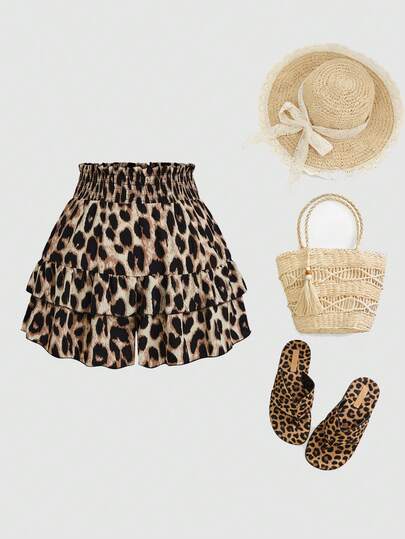 GlowEve CURVE Plus Size Women Summer Beach Vacation Leopard Print Drawstring Waist Ruffled Hem Loose Culottes