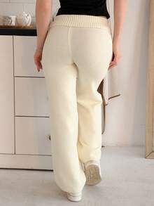 Katetique Women's Autumn And Winter Clothing Home Simple Comfortable Sweet Casual Thermal Lined Warm White Double-Layer Waist Design Buttons Asymmetrical Beige Simple Sweater Trousers, Daily Wear,Fall - White - View 2