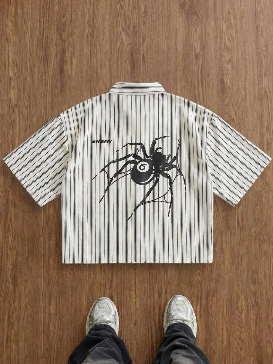 SWAVVY Men's Striped Print Short Sleeve Shirt, Spring/Summer - Apricot - View 1