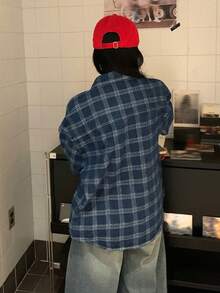 DAZY Women's Turndown Collar Loose Plaid Long Sleeve Casual Washed Checkered Denim Blouse - Medium Wash - View 5