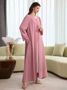 Al Najma Pink V-Neck Open Front Flare Sleeve Loose Robe, Spring/Summer - Pink - View 5