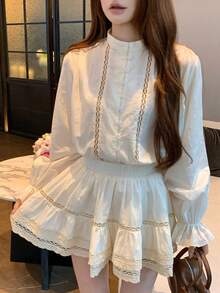 DAZY Women's Elegant Stand Collar Ruffle Sleeve Contrast Lace Blouse And Skirt 2-Piece Set,Cream White Autumn Lounge Sets For Date Commuting Daily Wear - Apricot - View 5