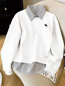 Resyla Women's Striped 2 In 1 Patchwork Knight Pattern Casual Versatile Daily Wear Long Sleeve Sweatshirt - White - View 1