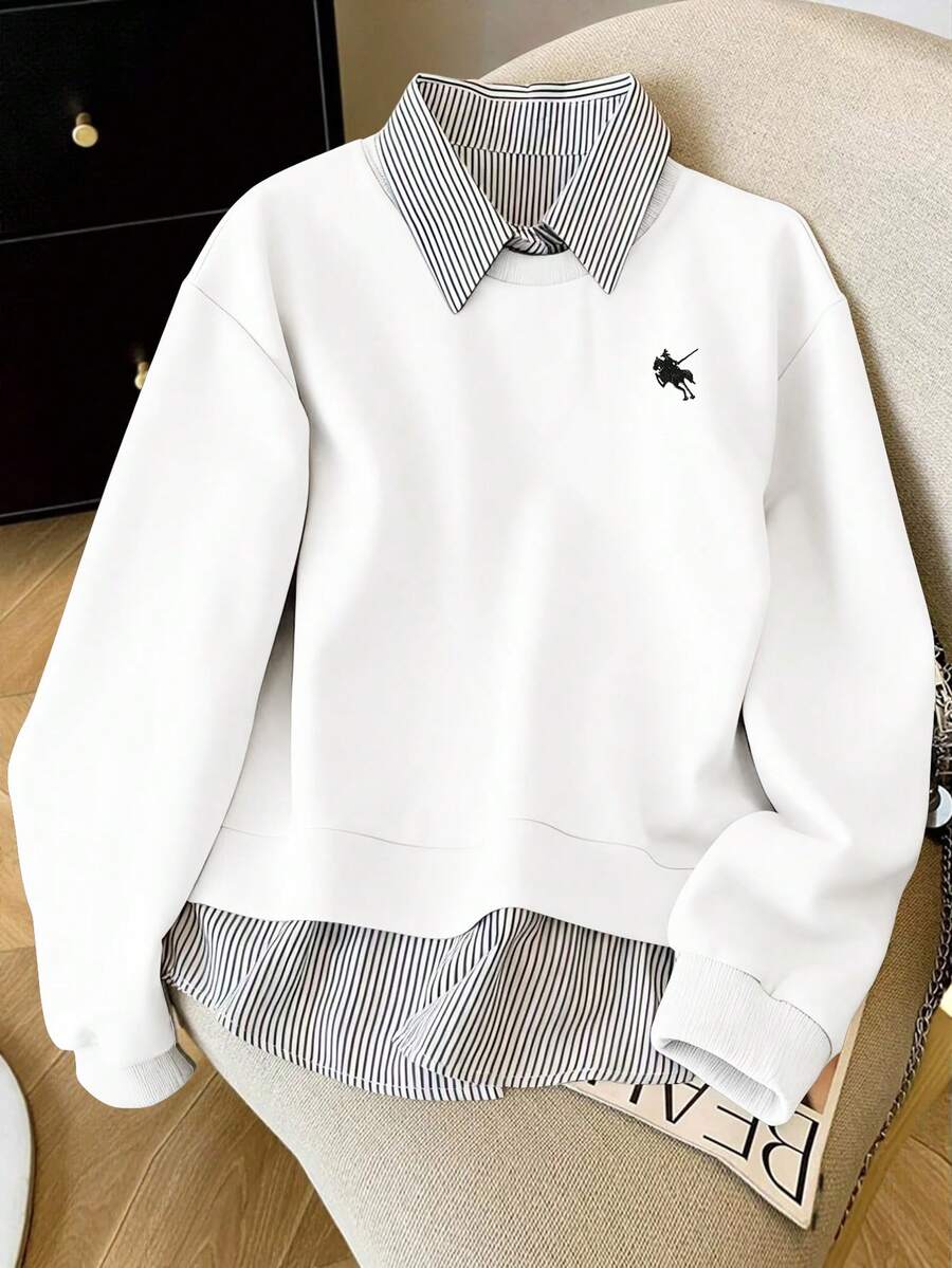 Resyla Women's Striped 2 In 1 Patchwork Knight Pattern Casual Versatile Daily Wear Long Sleeve Sweatshirt - White - View 1