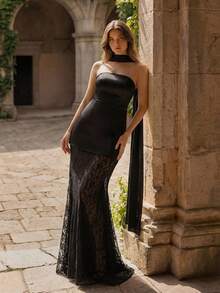 Coutiva Women's Elegant Strapless Black Satin Formal Evening Gown,Heavily Embellished Contrast Lace & Ribbon Design Long Dinner Dress Bridesmaid Dress - Black - View 1