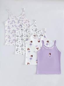 SHEIN 4件套女童可爱花卉、爱心和星星印花吊带内衣套装 - 紫色 - 查看 5