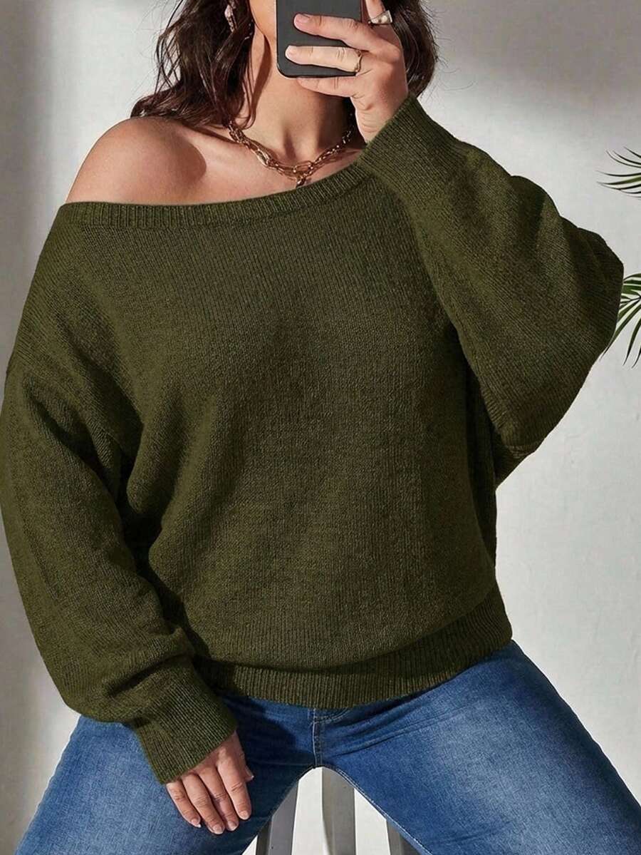 Maglione oversize a spalle scoperte, maglione a spalle scoperte, maglione a spalle scoperte, maglione a spalle scoperte - Verde militare - Visualizzare 1