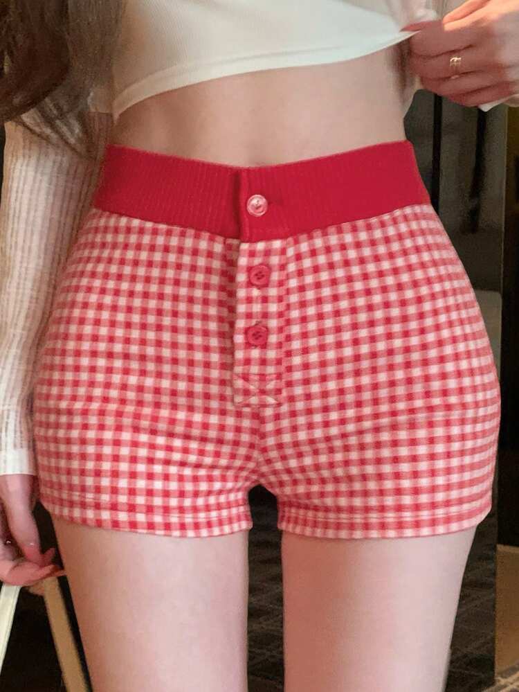 Women's Red Plaid Splice Buttoned Decor Casual Pants, Sporty College Style, Slim Fit, Suitable For Spring, Summer, Vacation, Music Festival