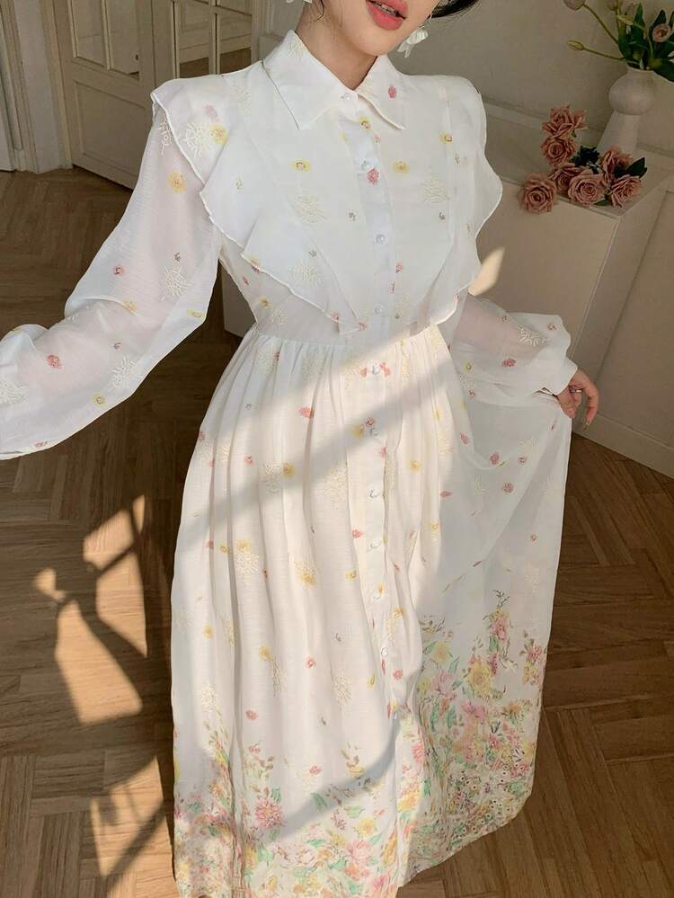 Women's Floral Print Elegant Waist Ruffle Hem Long Dress Sundress