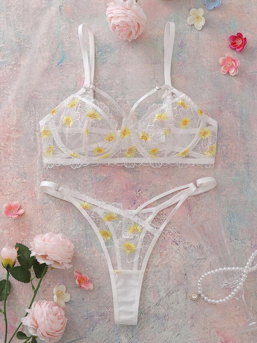 2pcs Sheer Daisy Underwire Bra Set - Multicolor - View 1