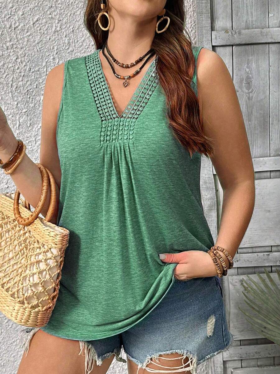 大码女式纯色休闲V领蕾丝拼接无袖针织背心 - 綠色 - 查看 1