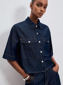 ATUI Studio Women's Solid Color Minimalist Daily Wear Short Sleeve Top And Shorts Denim Set - Navy Blue - View 7