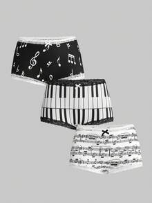 ROMWE Y2K Retro Music Note & Piano Keyboard Print Lace Trim Low Waist Shorts 3 Pieces Set - Multicolor - View 1