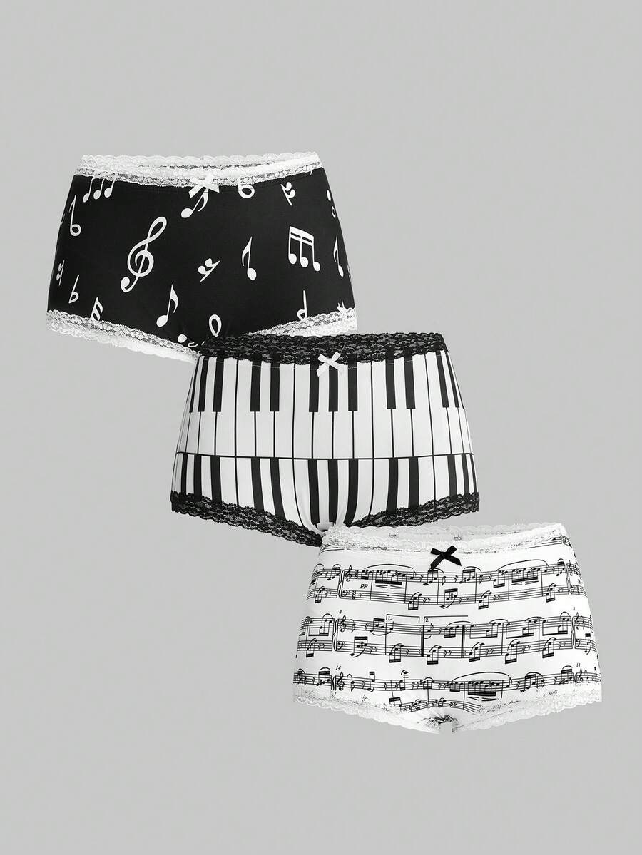 ROMWE Y2K Retro Music Note & Piano Keyboard Print Lace Trim Low Waist Shorts 3 Pieces Set - Multicolor - View 1