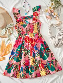 Sparklyn Summer Outfit Tween Girl Floral Print Ruffle Casual Vacation Everyday Squishy Dress - Multicolor - View 2