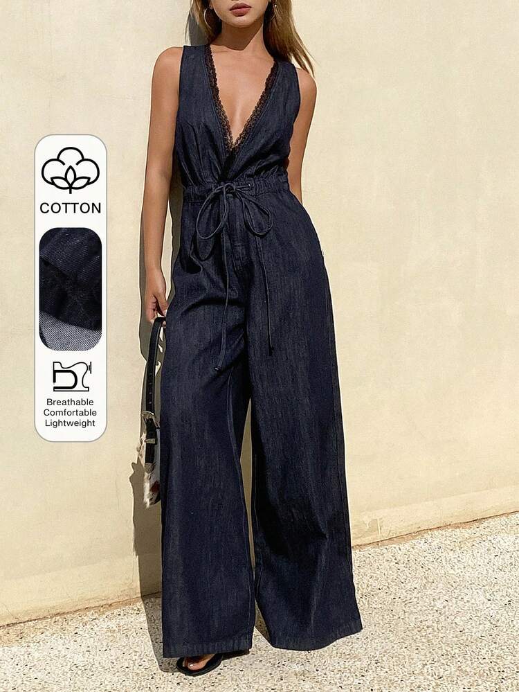 Women's V-Neck Lace Patchwork Cinched Waist Wide Leg Jumpsuit, Casual Loose Fit Vacation Style Denim Jumpsuits Summer