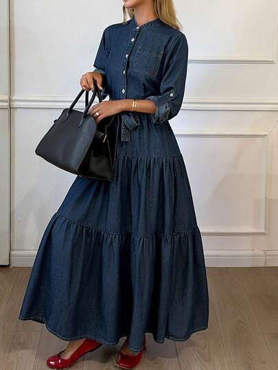 DAZY Đầm denim nữ cổ tròn tay dài có túi, thắt eo, kiểu dáng thanh lịch thường ngày.
