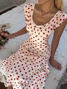 SHEIN Elegant Red Polka Dot Ruffle Hem Dress For Women, Summer - White - View 3