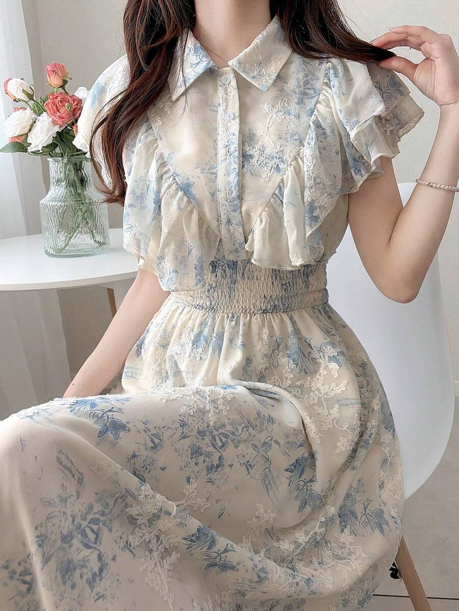 FRIFUL 女士春夏碎花喇叭腰修身连衣裙，百搭显瘦 - 白色 - 查看 1