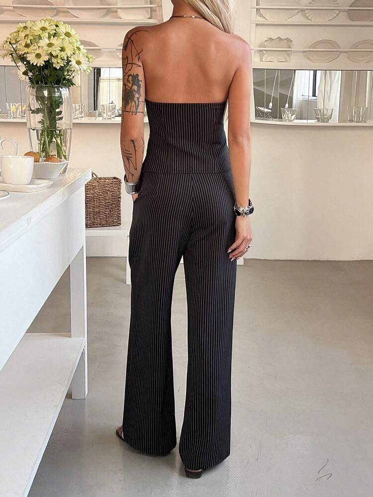 2pcs Strapless Cinched Waist Zipper Casual Striped Pants Set For Women