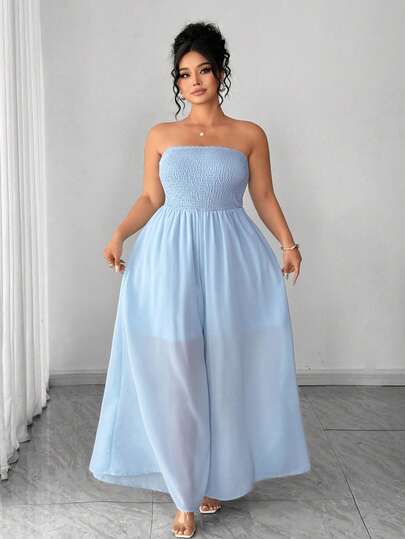 Elenzga Plus Size Women's Jumpsuit, Rejuvenating Light Blue Jumpsuit, Minimalist Fashion Versatile Chiffon High Elasticity Bandeau Chiffon Jumpsuit