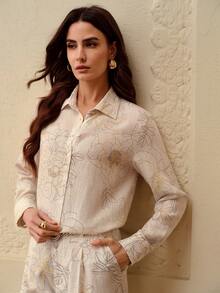 ZEYLAH 亚麻混纺长袖印花衬衫，春夏款 - 杏色 - 查看 7