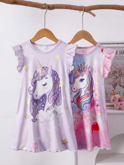 Genkimix Kids 2件套 女童可爱独角兽印花短袖连衣裙和长款睡袍，春夏休闲家居服