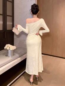 Joudiya Đầm nữ thanh lịch chất liệu vải dệt họa tiết, cổ bất đối xứng, tay bồng, eo ôm sát, vạt đuôi cá, thích hợp cho mùa xuân/thu. - Màu be - Xem 7